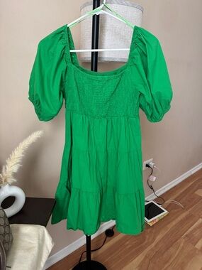 Green Puff Sleeve Smocked Tiered Mini Dress